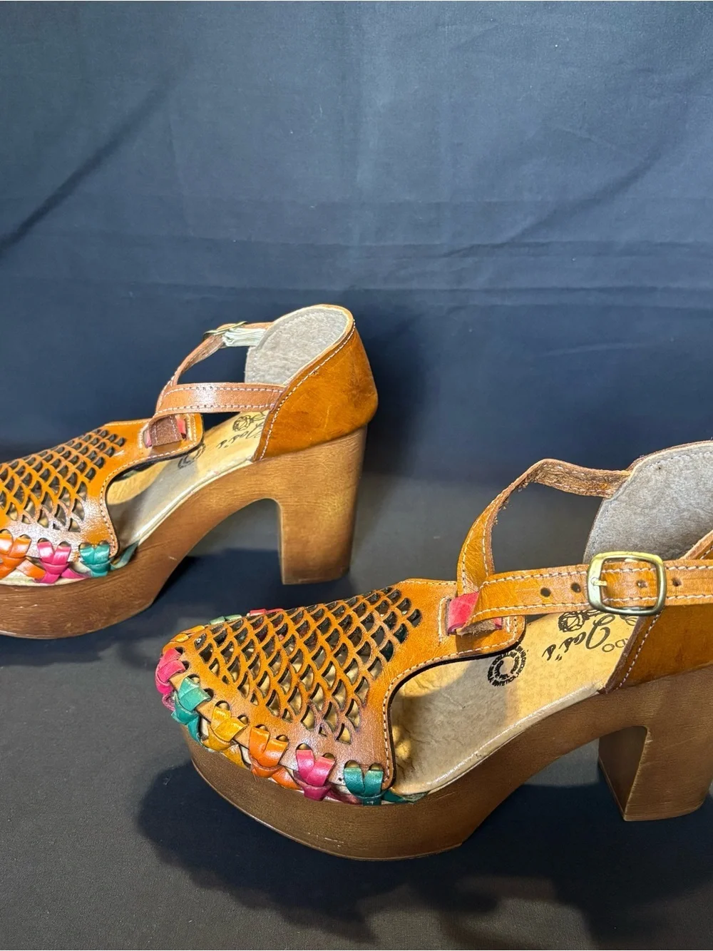 Tan Leather Mexican Woven Platform Heels with Multicolor Accents